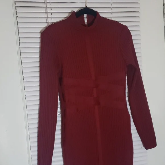 Red Long Sleeve Bodycon Dress with Mock Neck - Picture 5 of 13